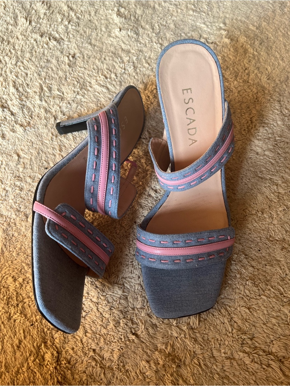NEW Escada Denim Blue Slide Mules with Pink Stitching